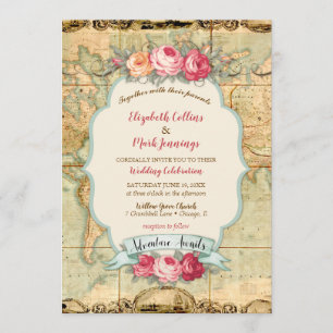 L'aventure Attend Carte du Monde Vintage Roses