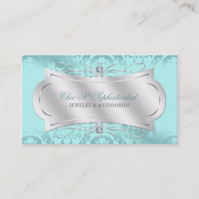 Lavish Blue Ice Diamond Damask Swirl Business Card (Front)