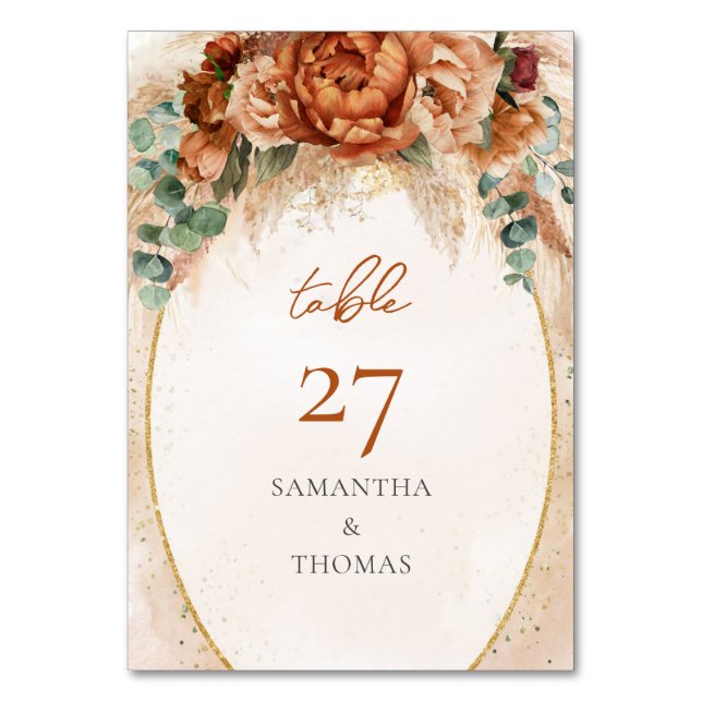 Lavish bouquet terracotta burgundy peonies sage table number (Front)