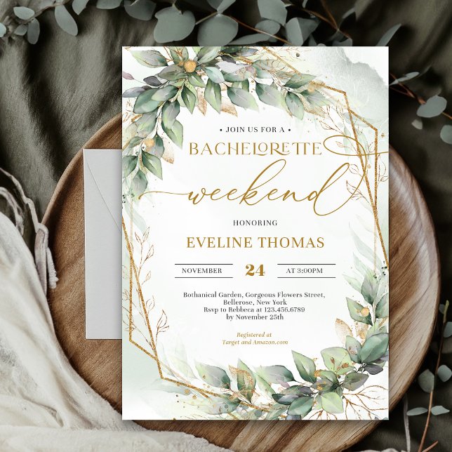 Lavish eucalyptus greenery Bachelorette Weekend Invitation (Modern botanical greenery leaf gold frame bachelorette weekend invitation)