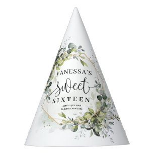 Lavish greenery foliage gold frame sweet 16th party hat