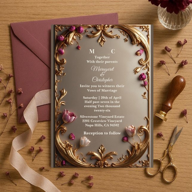 Lavish Mulberry Tulip Gold Baroque Opulent Wedding Invitation (Lavish Mulberry Tulip Gold Baroque Opulent Wedding Invitation)