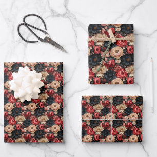 Lavish muted colours flowers red navy cream wrapping paper sheet
