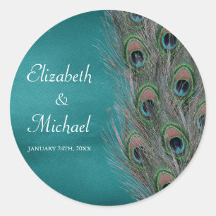 Lavish Peacock Feathers Round Wedding Favour Label