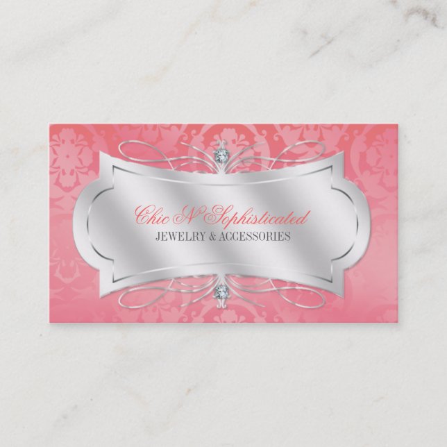 Lavish Pink Diamond Damask Swirl Business Card (Front)