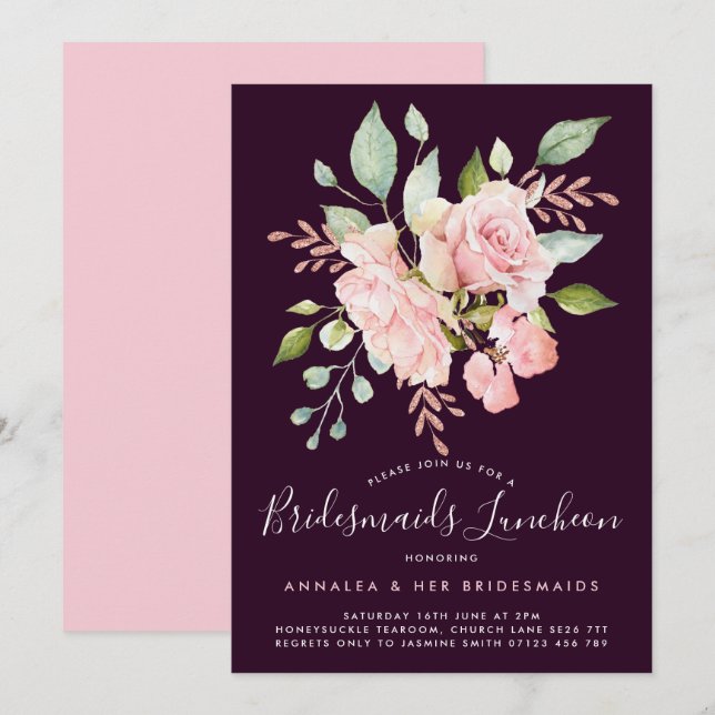 Lavish Pink Roses & Glitter Bridesmaids Luncheon Invitation (Front/Back)