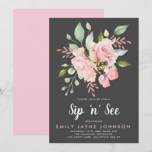 Lavish Pink Roses & Glitter Sip and See Invitation