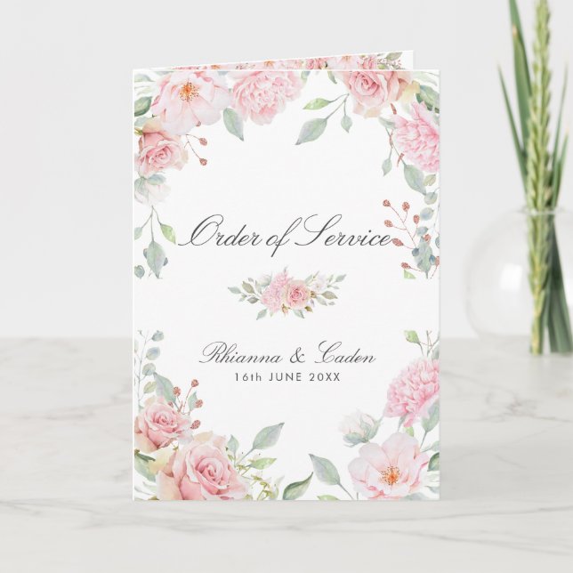 Lavish Pink Roses Wedding Folded Booklet Program (Front)