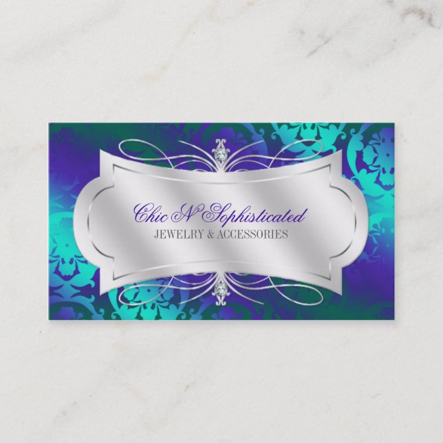 Lavish Purple Turquoise Diamond Damask Swirl Business Card (Front)