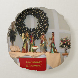 Lavish Richly Coloured Nativity Display Design Round Pillow
