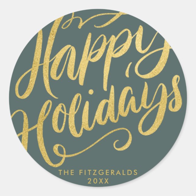Lavish Script Happy Holidays Personalized Classic Round Sticker (Front)