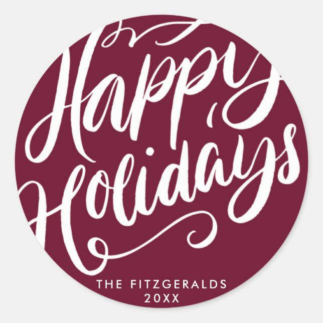 Lavish Script Happy Holidays Red & White Classic Round Sticker (Front)