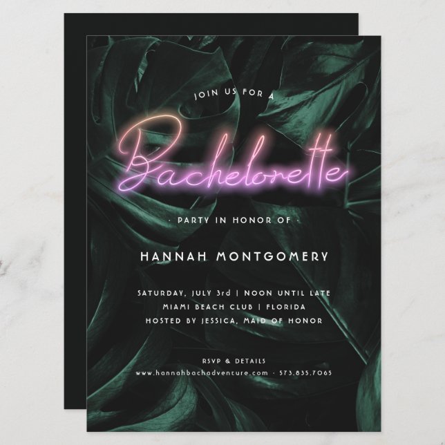 Lavish Tropical Palms | Neon Lights Bachelorette Invitation (Front/Back)