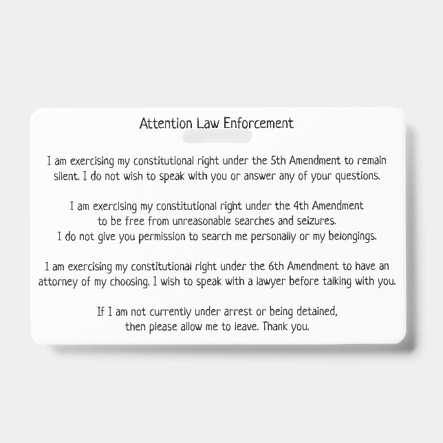 Law Enforcement Patrol Stop Know Your Rights Card Badge (Front)