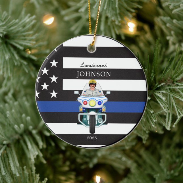 Law Enforcement Thin Blue Line Motorcycle Ceramic Ornament (Tree)
