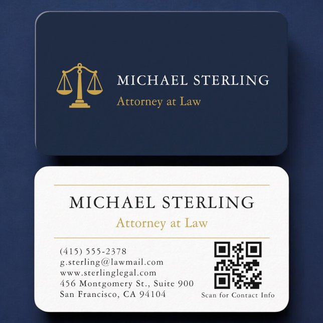 Law Firm Navy Blue Gold QR Code Professional Business Card (Creator Uploaded)