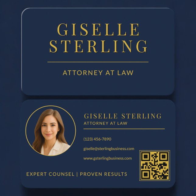 Law Firm Photo Navy Blue Gold QR Code Business Card (Creator Uploaded)