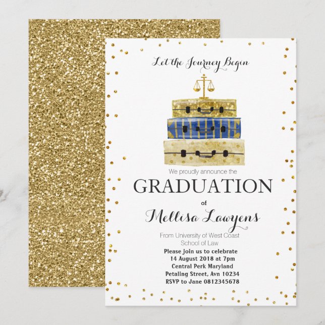 Law Graduation Party Invitation Gold confetti (Front/Back)
