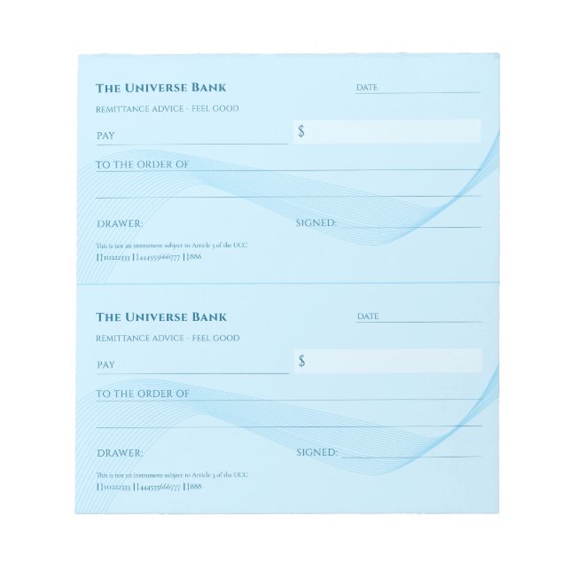 Law of Attraction Elegant Blue Blank Checks Notepad (Front)