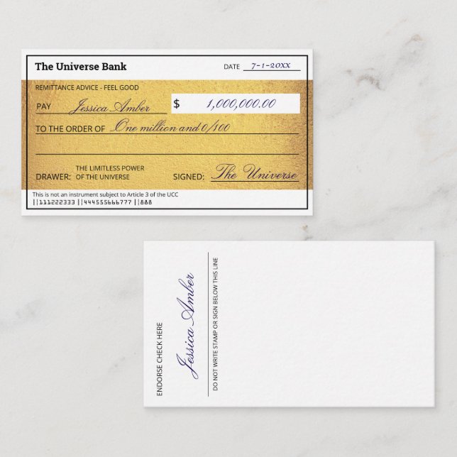 Law of Attraction Gold Manifestation Blank Check  Card (Front/Back)