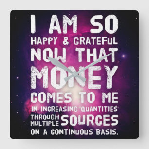 Law of Attraction Money Manifestation Quote Wealth Square Wall Clock