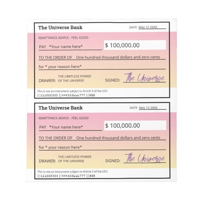 Law of Attraction Pink Text Template Blank Checks Notepad (Front)