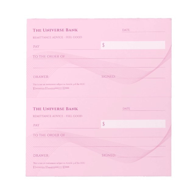Law of Attraction Stylish Pink Blank Checks Notepad (Front)