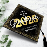 Law School Class of 2024 Graduation Cap Topper<br><div class="desc">Law student graduation cap topper featuring a stylish black background that can be changed to any colour,  scales of justice,  gold glitter border,  the year 2024 in a faux gold foil font,  and a modern text template that is easy to personalize.</div>