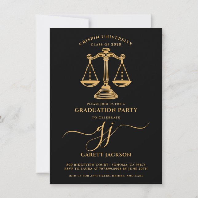Law School Gold Script Photo Black Graduation  Invitation (Front)