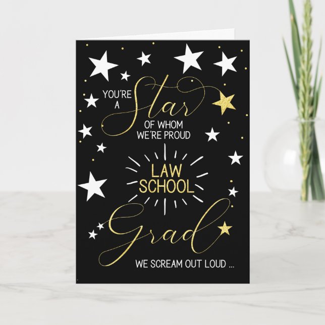 Law School Graduate Black Gold Stars Typography Card (Front)