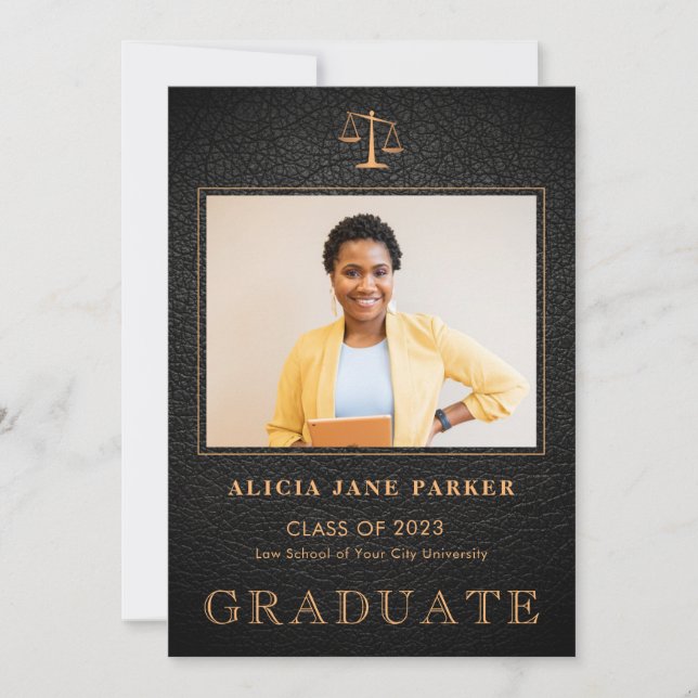 Law school graduation black gold photo  announcement (Front)