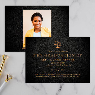 Law school graduation elegant black gold photo invitation