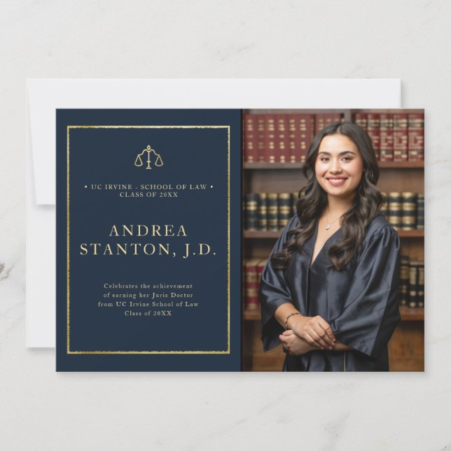 Law School Graduation Gold Frame Photo Modern Navy Announcement (Front)
