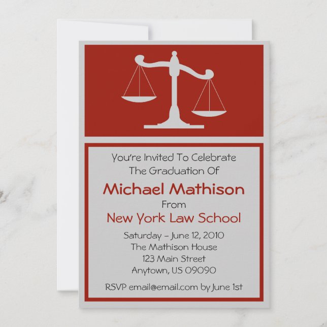 Law School Graduation Invite Maroon Justice Scales (Front)