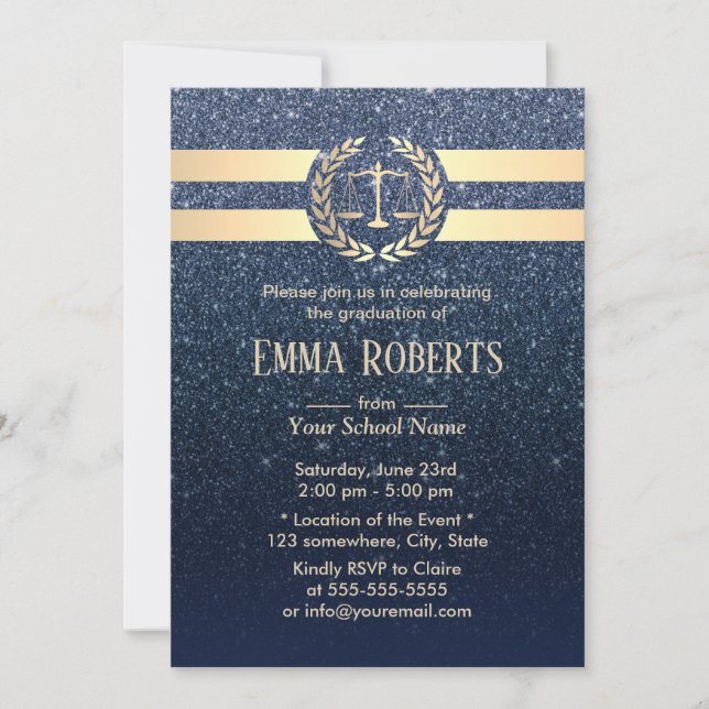 Law School Graduation Modern Navy Blue Glitter Invitation (Front)
