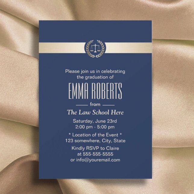 Law School Graduation Modern Navy Blue & Gold Invitation (Creator Uploaded)