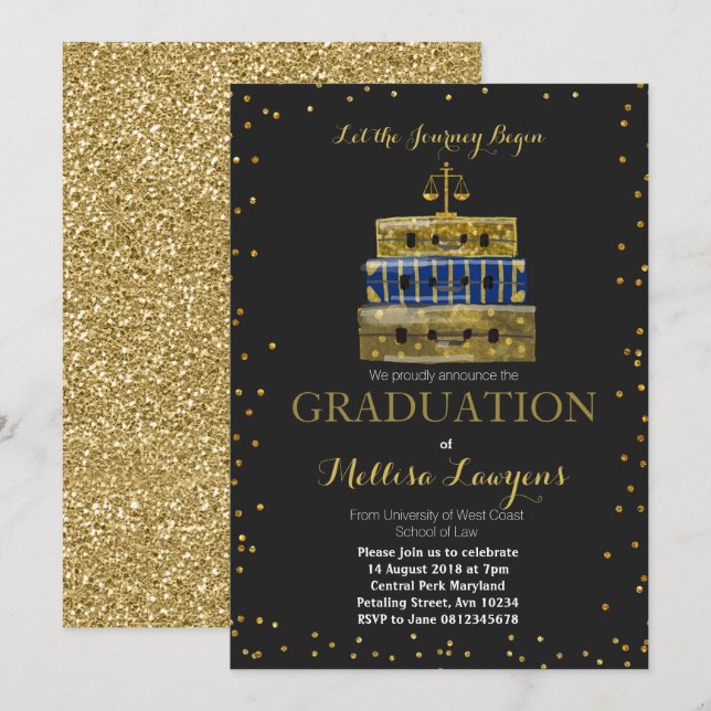 Law School Graduation Navy Blue & Gold Card invite (Front/Back)