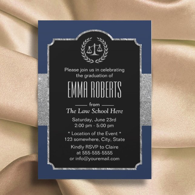 Law School Graduation Navy Blue & Silver Lawyer Invitation (Creator Uploaded)