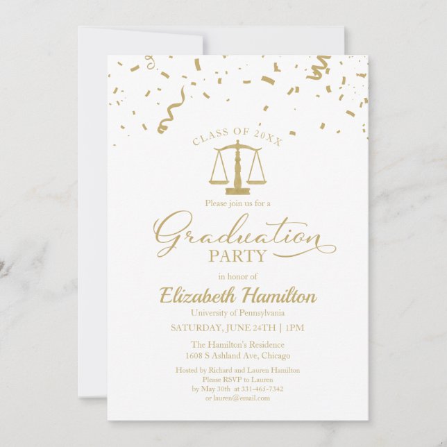 Law School Graduation Party Gold Confetti White Invitation (Front)