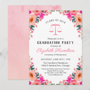 Law School Graduation Party Hot Pink Floral Invitation