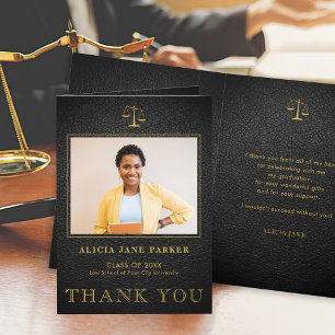 Law school graduation photo elegant black gold thank you card