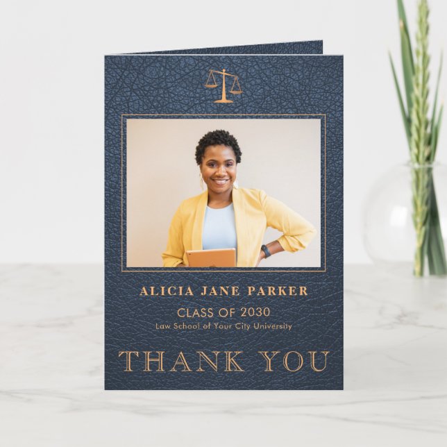 Law school graduation photo elegant navy gold thank you card (Front)