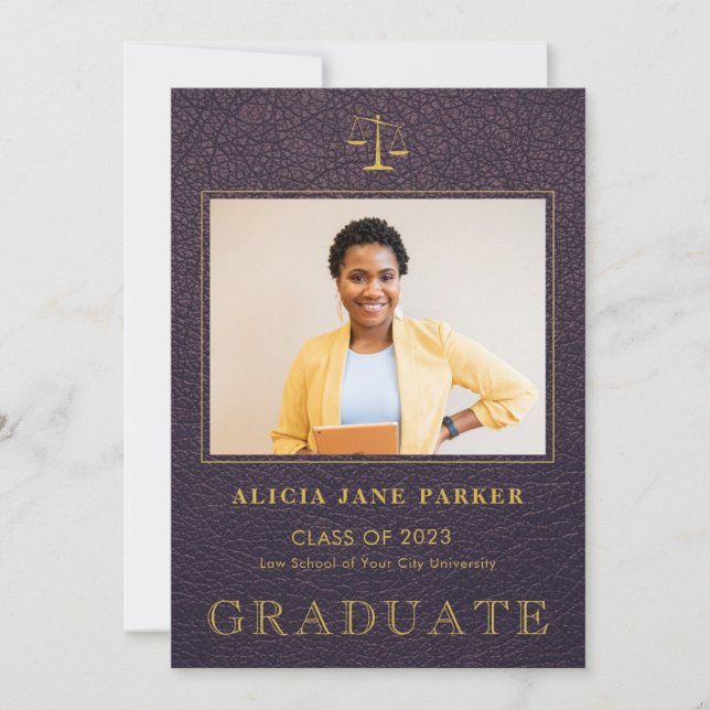 Law school graduation purple gold photo announcement (Front)
