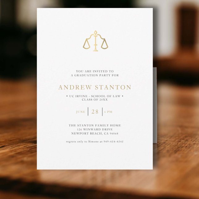 Law School Graduation Scales of Justice Modern Invitation (law school graduation party invitation gold scales of justice black white gold elegant modern classy)