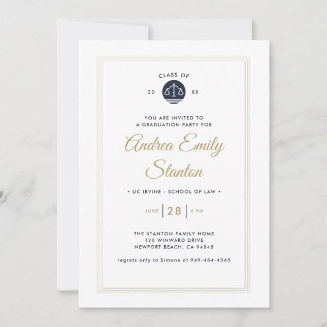 Law School Graduation Scales of Justice Navy Gold Invitation (Front)