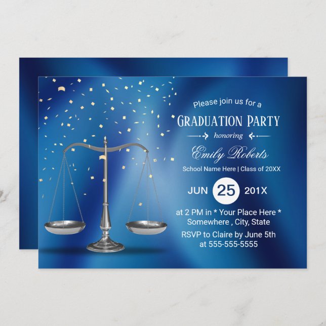Law School Graduation Silver Scales Navy Blue Invitation (Front/Back)