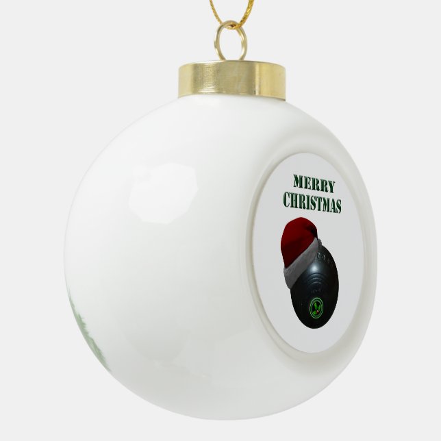 Lawn Bowl Wearing A Santa Hat, Ceramic Ball Christmas Ornament (Left)