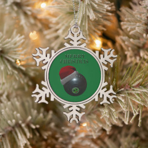 Lawn Bowl Wearing A Santa Hat, Snowflake Pewter Christmas Ornament