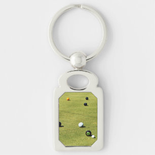 Lawn Bowls Action, Metal Silver Rectangle Keychain