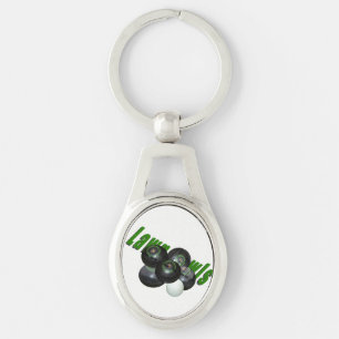 Lawn Bowls And Logo, Silver Metal Oval Keyring. Keychain